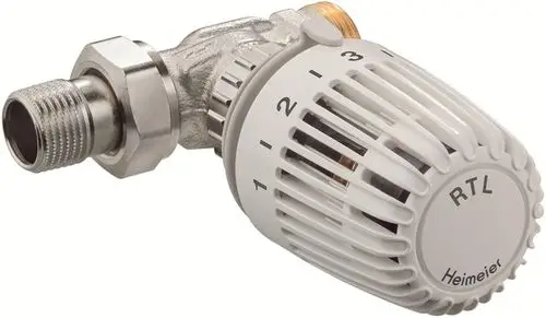 Rücklauftemperaturbegrenzer mit Außengewinde, gefertigt von IMI Hydronic Engineering. Das Produkt besitzt ein regulatorisches Einstellrad zur Temperaturkontrolle.